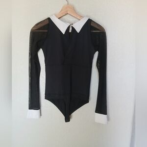 Pit Bull Black & White Mesh Long-sleeve Peter Pan Collared Thong Bodysuit